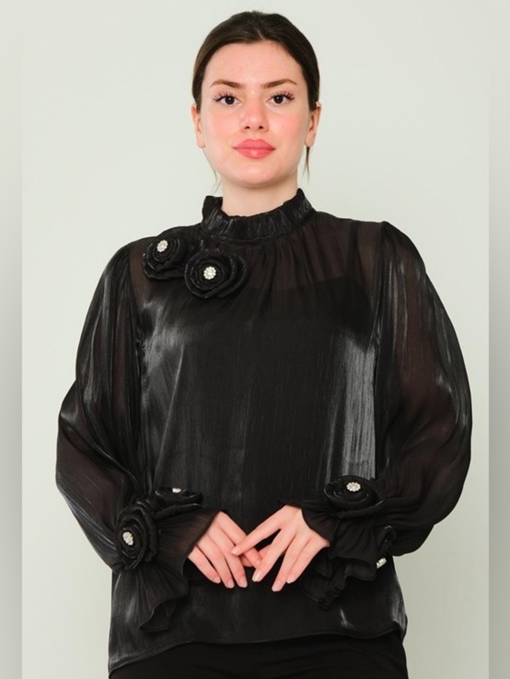 Black Ruffled High-Neck Floral Accent Blouse - Women Tops